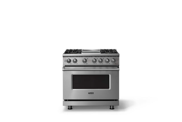 Front. Viking - 36"W. Pro5S 5.6 Cu. Ft. Freestanding Self-Clean Sealed 4B Dual Fuel Convection Range/Grdl-Stainless Steel - Stainless Steel.