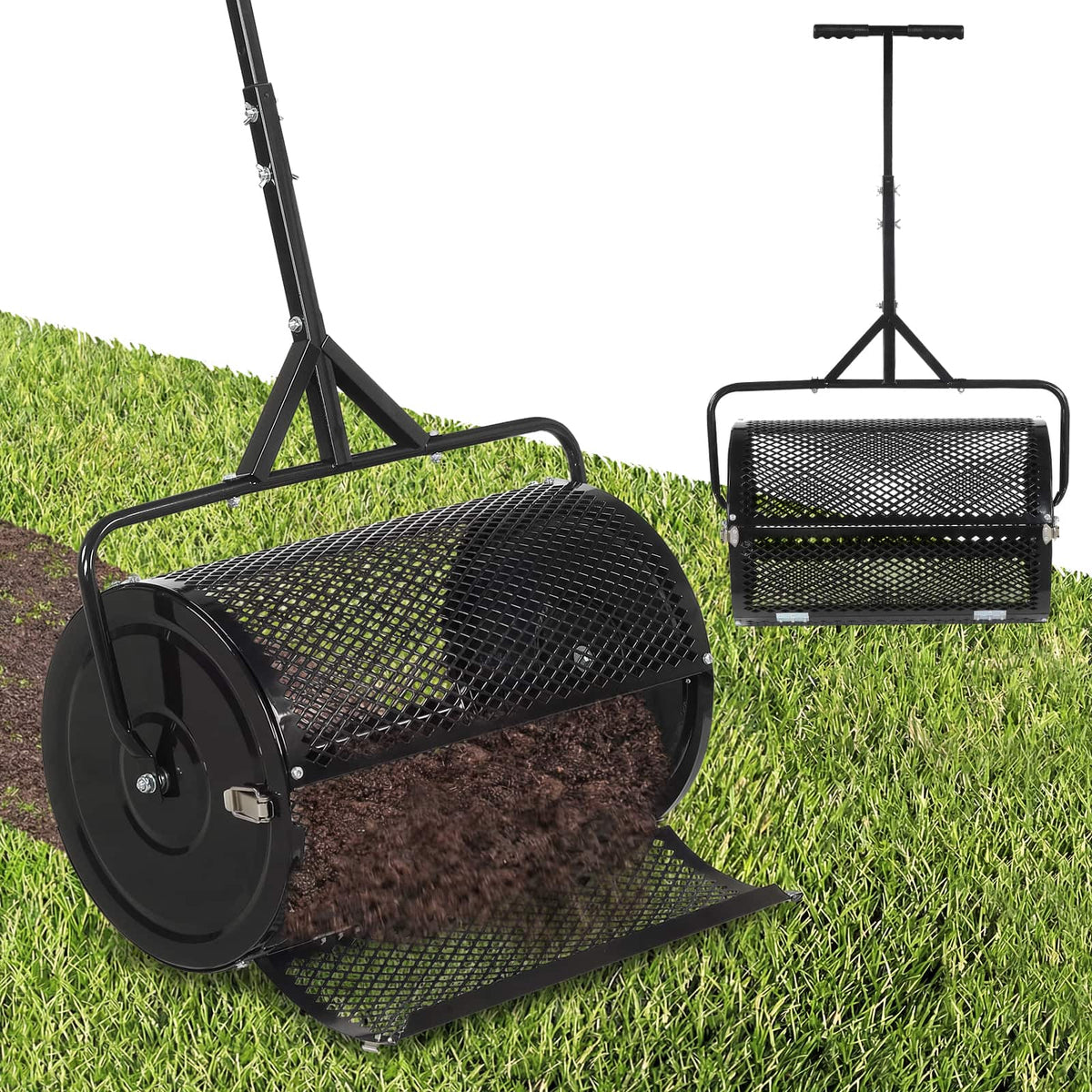 Gymax - 24'' Compost Spreader w/ Height-Adjustable T-Shaped Handle for Lawn Garden - Black