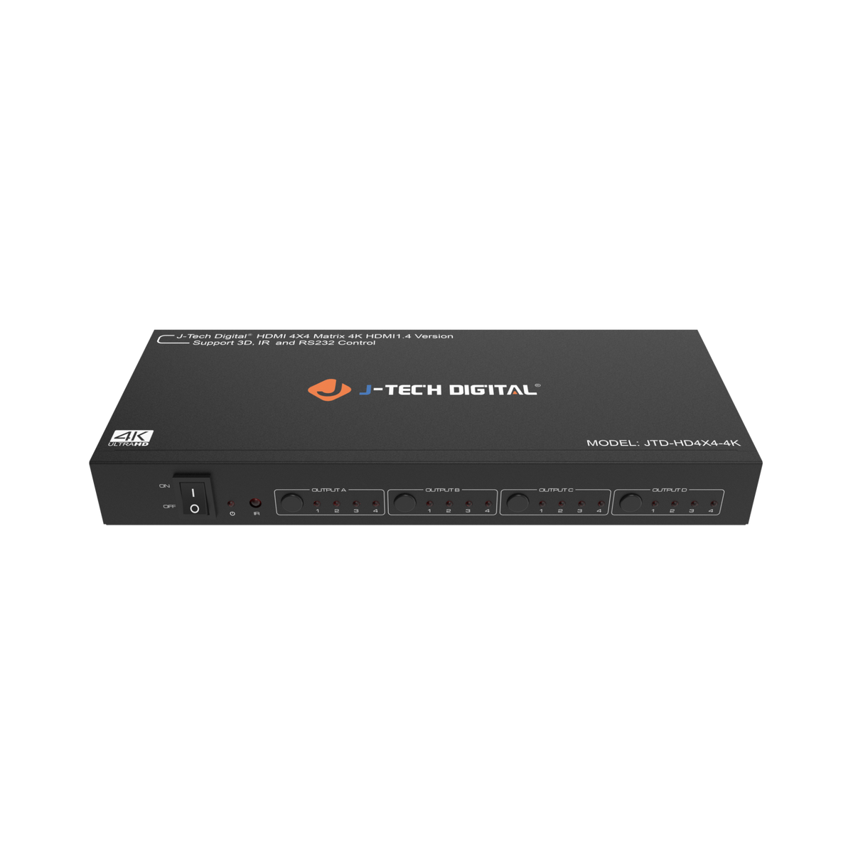J-Tech Digital - 4K 30Hz 4x4 HDMI Matrix Switcher with RS232 and IR Control - Black