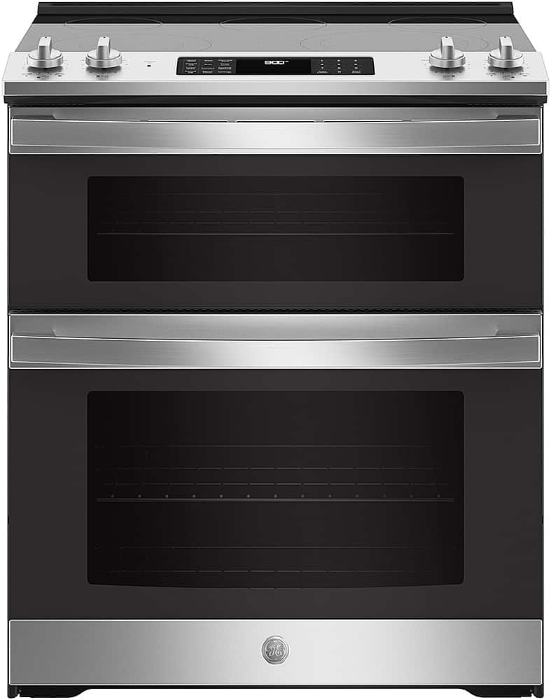 GE - 30" Wide 5 Elements 6.6 Cu. Ft. Slide-In Double Oven Electric True Convection Range w/ Self-Steam Cleaning and Air Fry - Stainless Steel