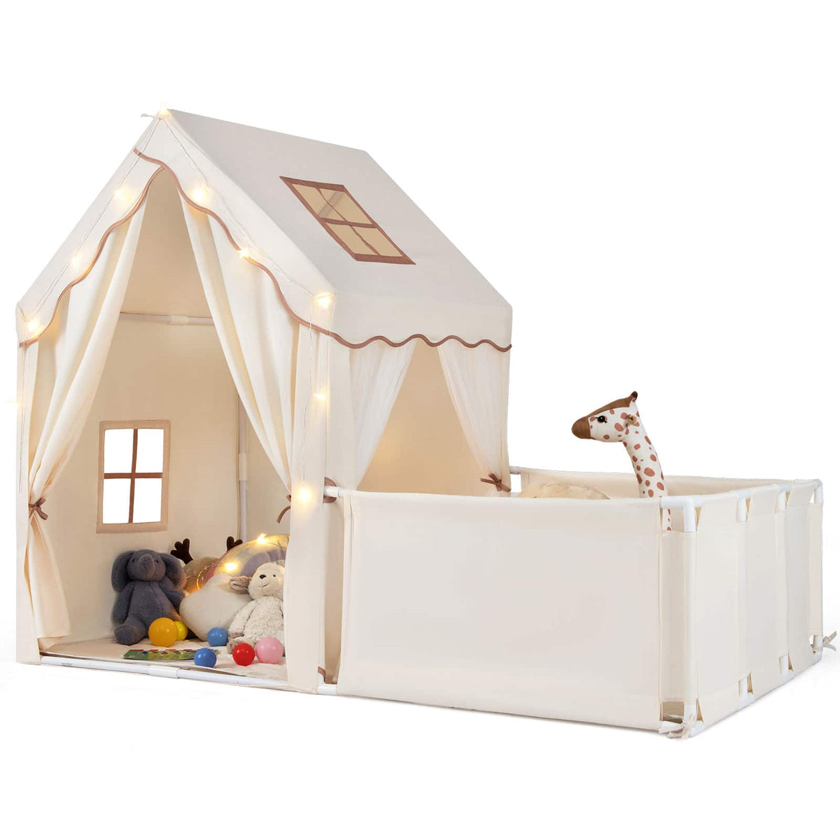 Gymax - Kids Play Tent w/Playpen Yard Door Curtains Windows Star Lights for Boys Girls - Beige