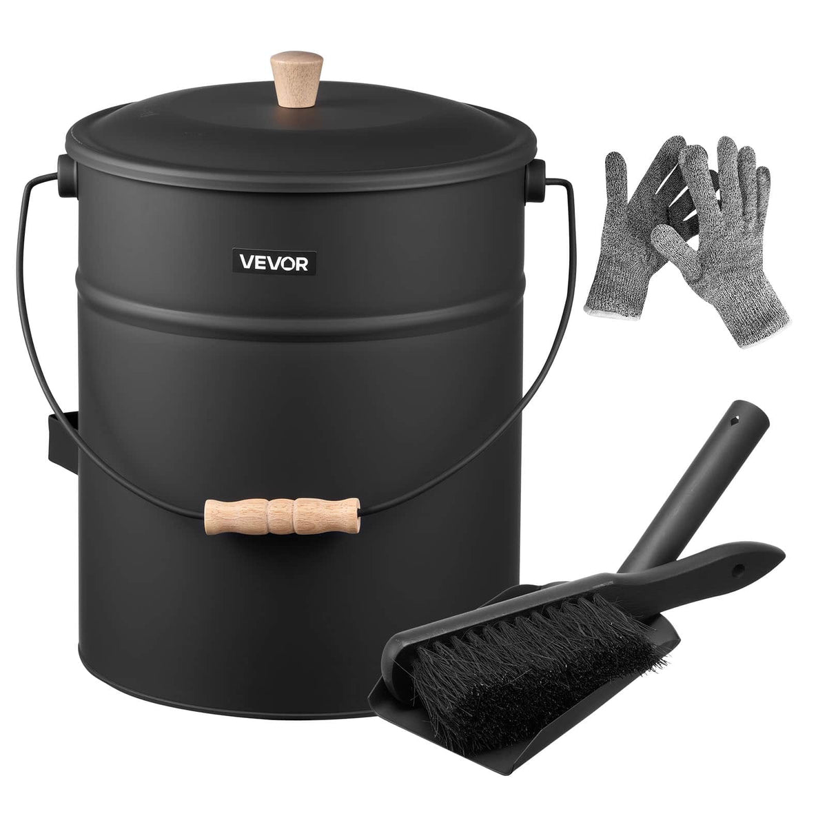 VEVOR - Ash Bucket, 4 PCS with Lid, Shovel, Broom and Gloves, Metal Fireplace Charcoal Bucket and Ash Can, 4 GAL Large Capacity - Black