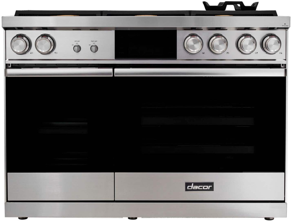 Dacor - 48 in. Wide 6 Burner Contemporary 6.6 Cu. Ft. Slide-In Double Oven Dual Fuel Four-Part Pure Convection Range - Silver Stainless Steel