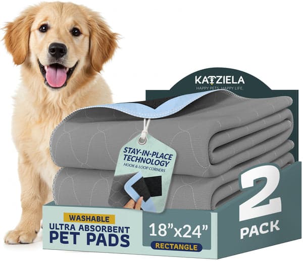 KATZIELA HAPPY PETS HAPPY LIFE. TECHNOLOGY STAY-IN-PLACE HOOK & LOOP CORNERS WASHABLE ULTRA ABSORBENT 18"x24" PACK PET PADS RECTANGLE