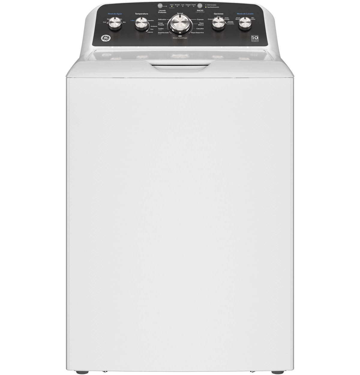 GE - 4.5 Cu. Ft. High-Efficiency Top Load Washer with Spanish Control Panel - White with Matte Black