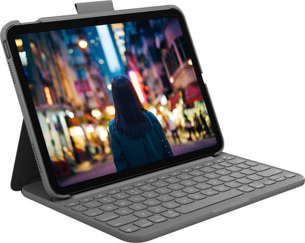 Logitech - Slim Folio Keyboard Case for Apple iPad - Latest Model A16 chip and iPad 10th Gen with Integrated Bluetooth Keyboard - Oxford Gray