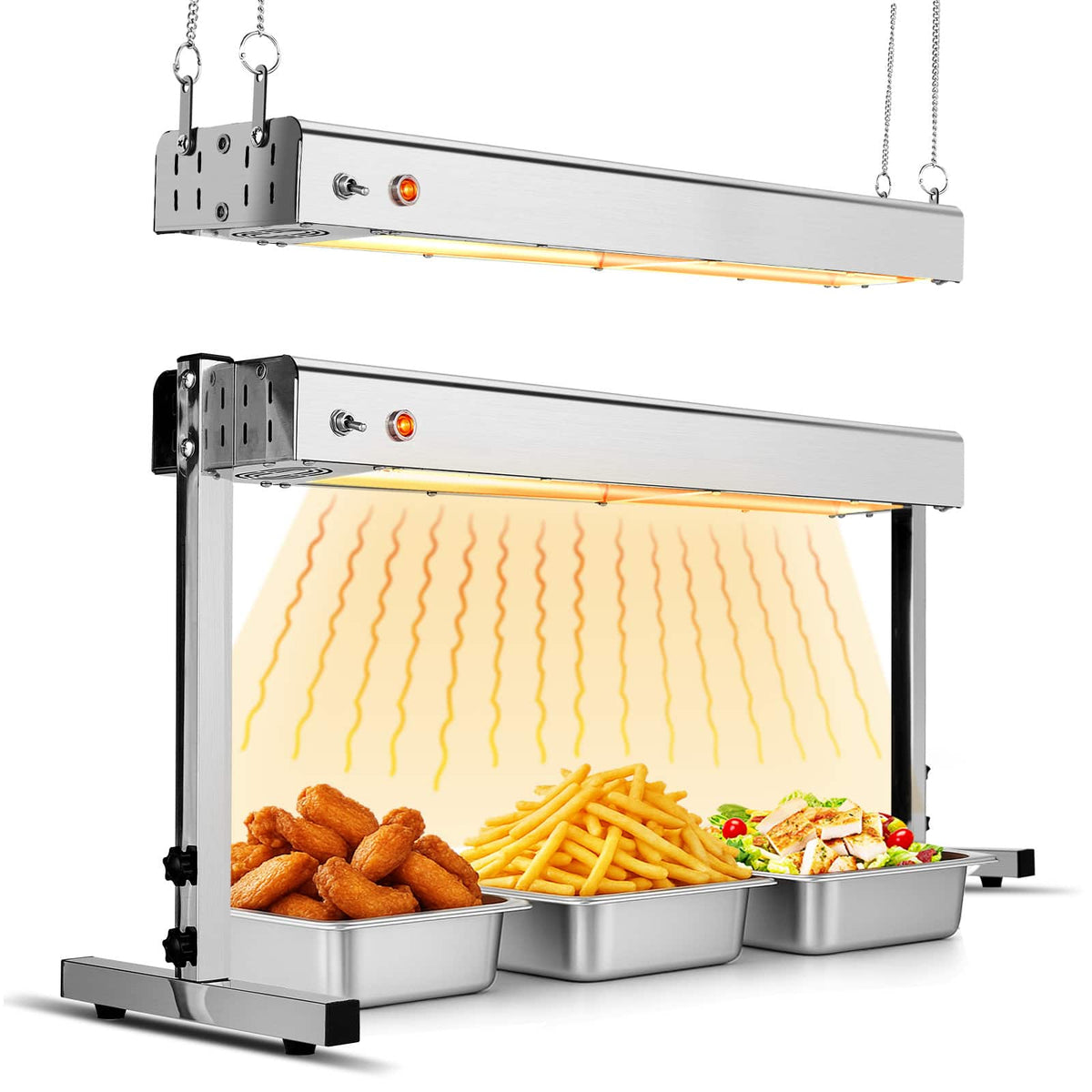 Winado - 24" Commercial Infrared Food Heat Lamp, Electric Strip Heater with 750W, 113-176°F, Hanging or Standing Use, Food Warmer - Silver