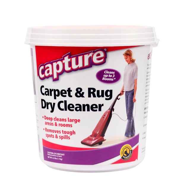 Capture  
Carpet & Rug Dry Cleaner  

Cleans up to 3 Rooms*  

- Deep cleans large areas & rooms  
- Removes tough spots & spills  

CAUTION: EYE IRRITANT  
Keep out of reach of children.  
Read precautions on back.  

NET WT: 2.5 lbs (1.1 kg)  

*Based on 10' x 10' rooms.