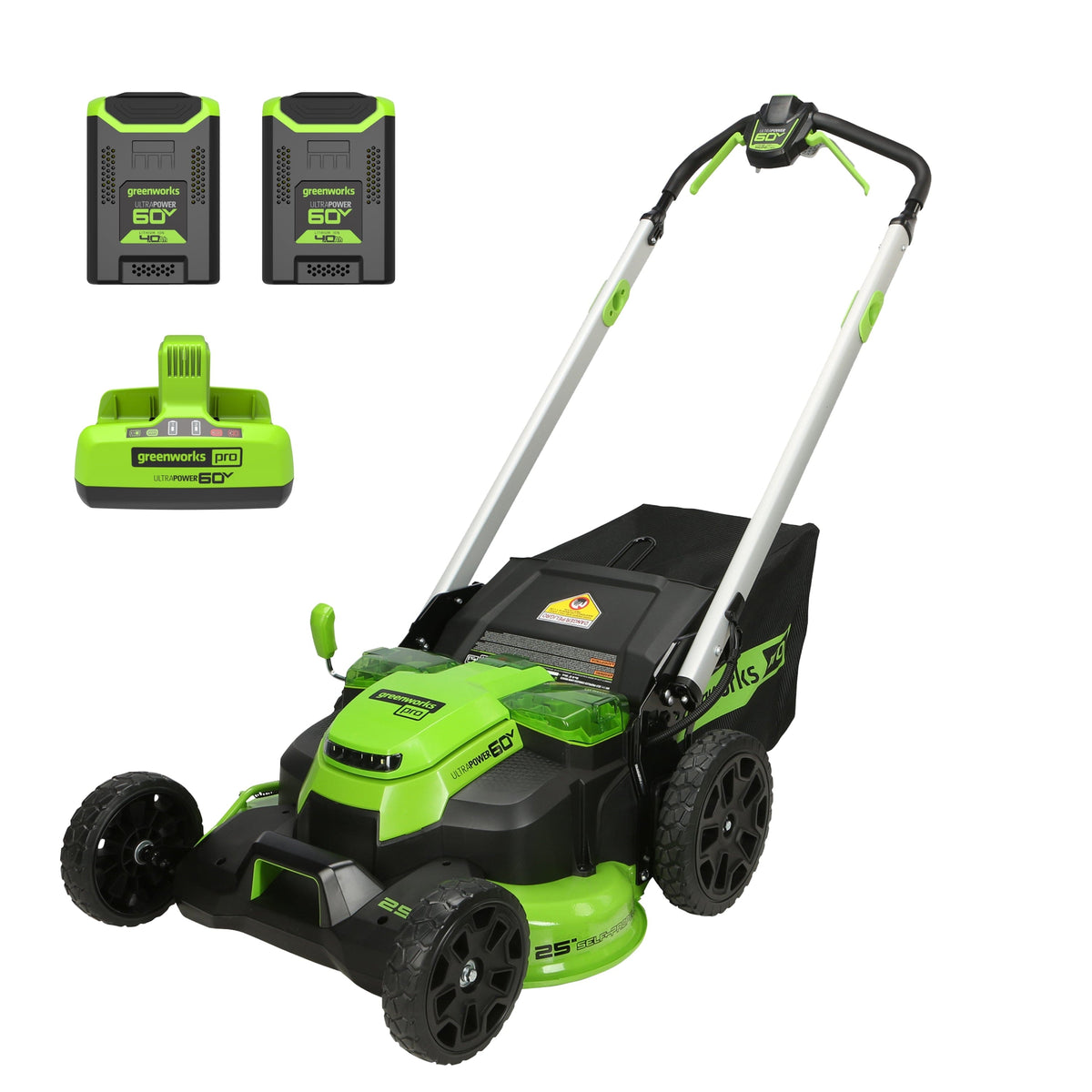 Greenworks - 60V 25" Cordless Brushless Self-Propelled Mower + Two (2) 4.0Ah Batteries and Dual Port Charger - Green