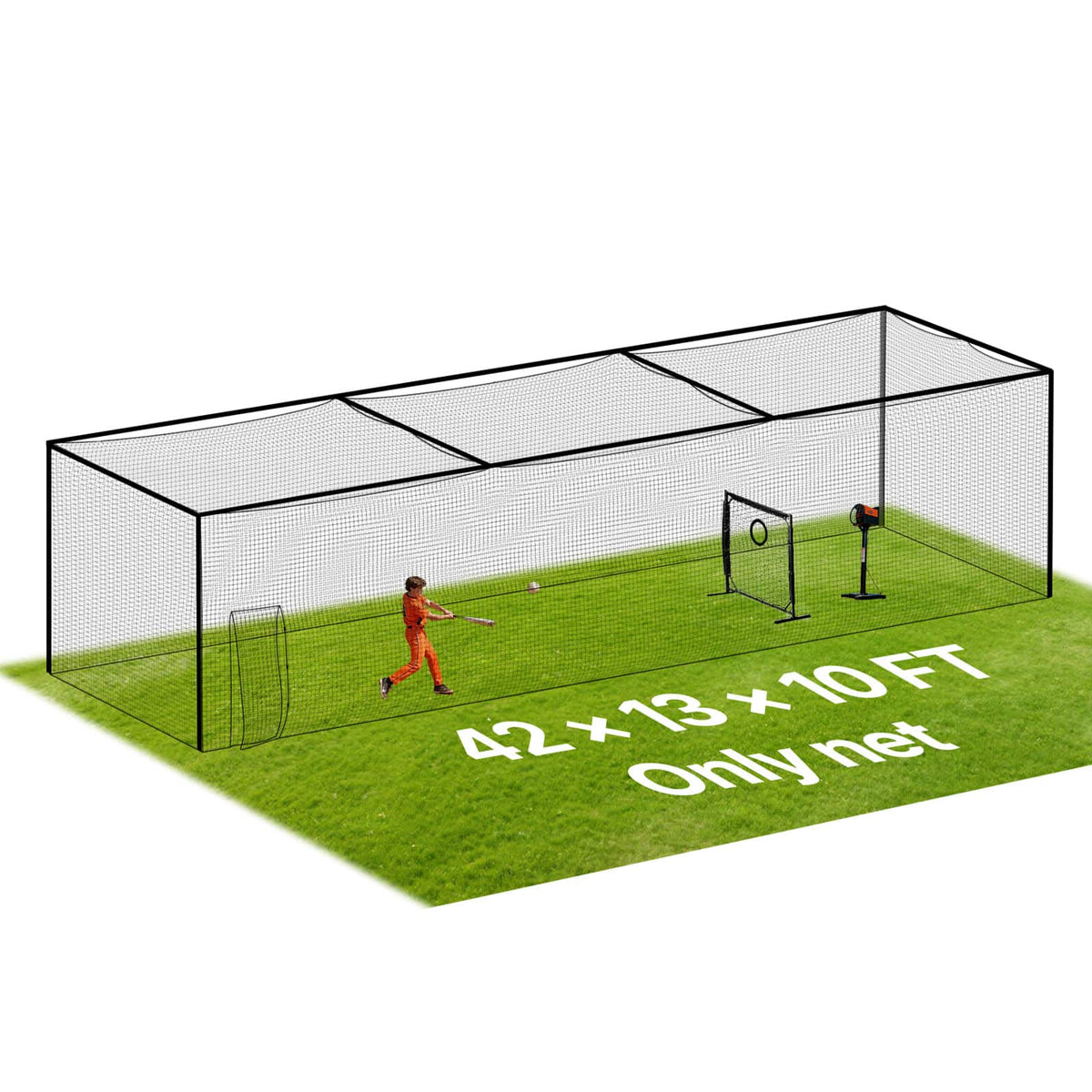 VEVOR - Baseball Batting Cage, 41.7 x 12.8 x 10.1 FT Freestanding Portable Batting Cage, Hitting Cages with 30-Ply Knotted HDPE - Black