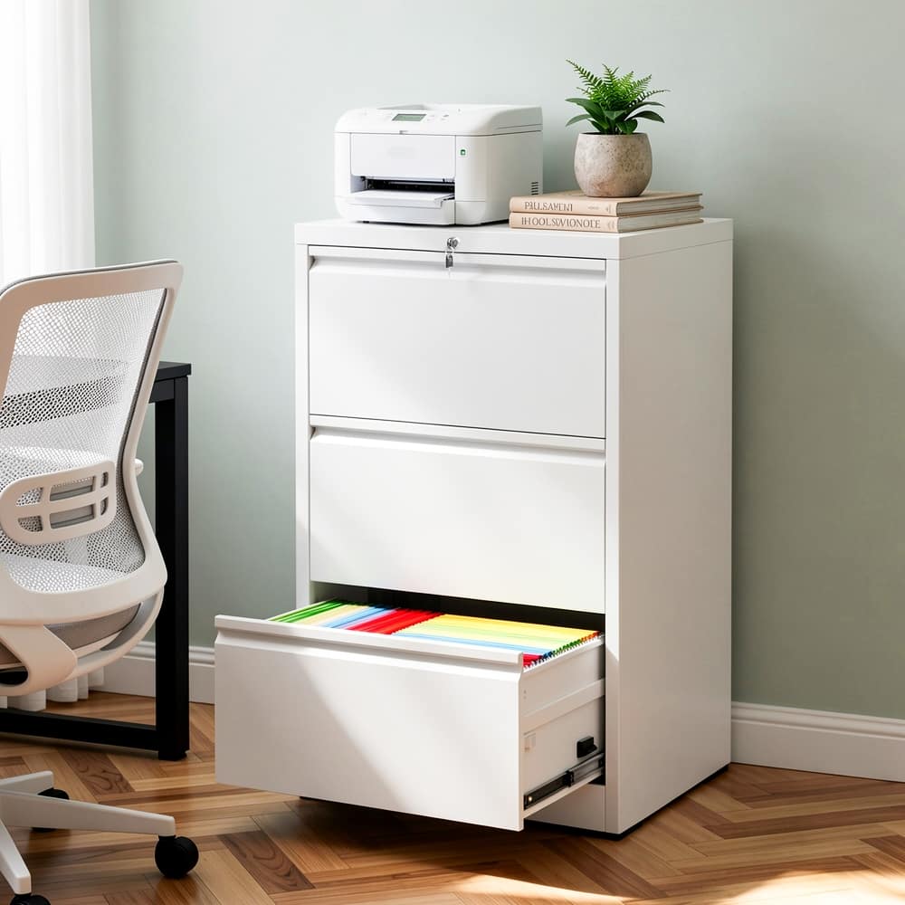 Loheer - 3 Drawer Lateral File Cabinet White Metal Locking Filing Cabinet for Home Office