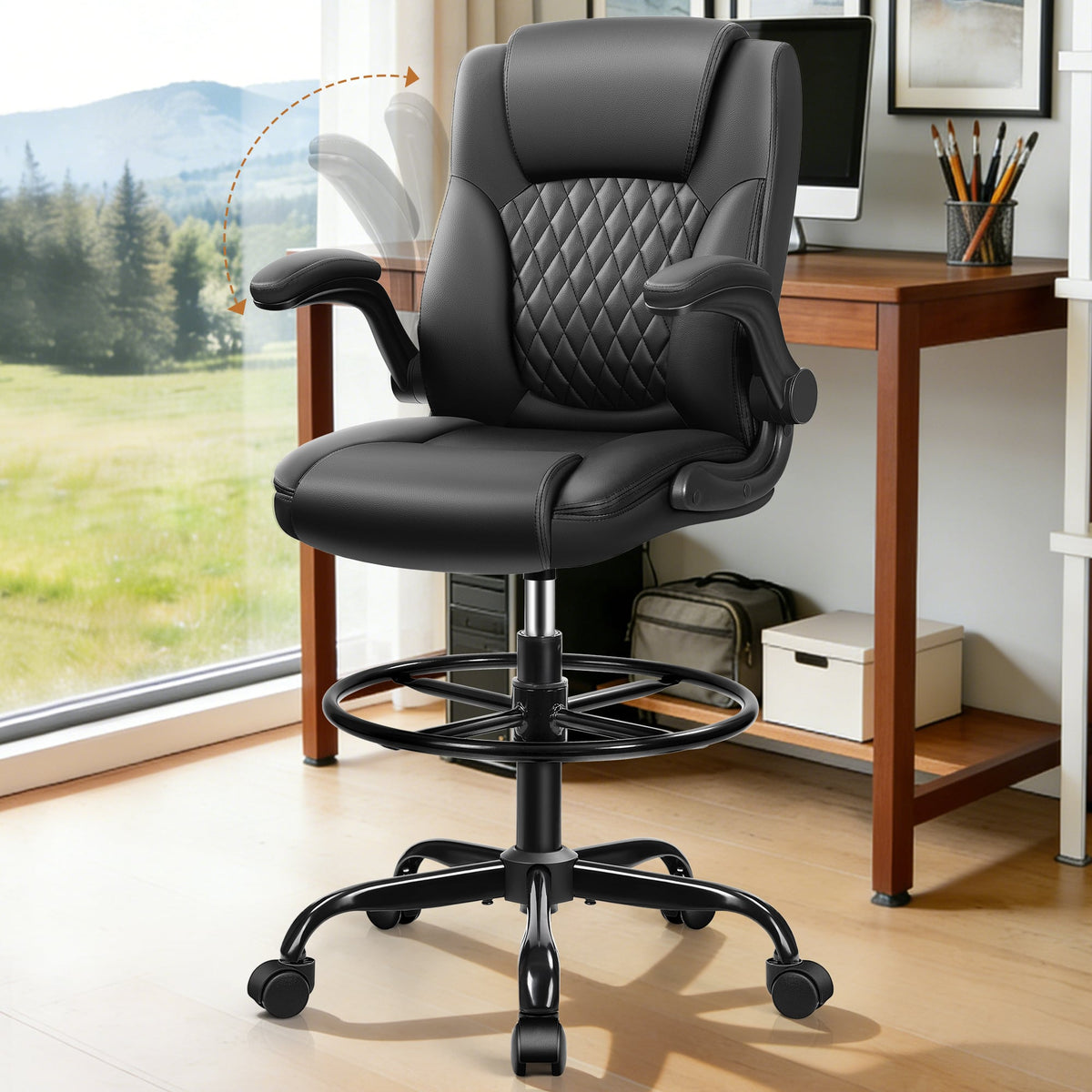 Brick Attic - Executive Tall Drafting Chair, Ergonomic Leather Office Chair with Flip-Up Armrest, Adjustable Height Desk Chair - Black