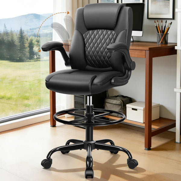 Brick Attic - Executive Tall Drafting Chair, Ergonomic Leather Office Chair with Flip-Up Armrest, Adjustable Height Desk Chair - Black
