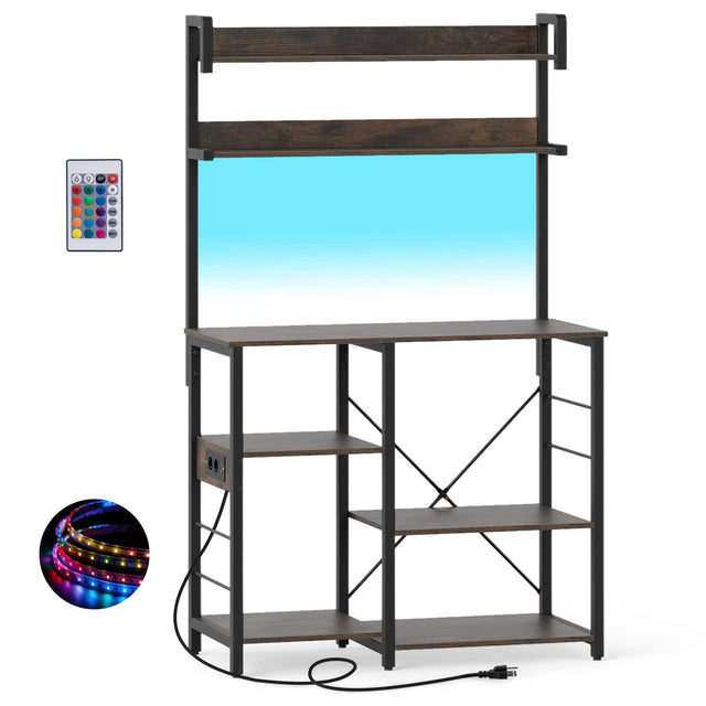 Front. Gymax - Gymax Hutch Bakers Rack w/LED Light 2 Anti-toppling Kits Charging Station for Kitchen Rustic Brown - Brown.
