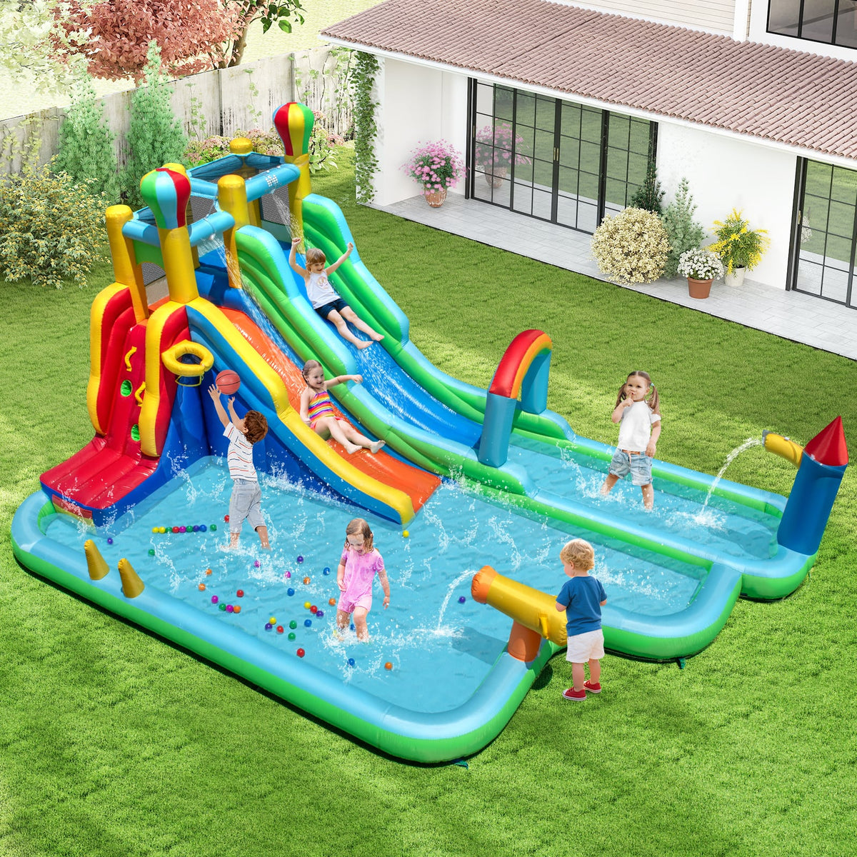Gymax - Inflatable Water Park w/Climbing Wall Basketball Rim Splash Pool Blower Excluded - MultiColor