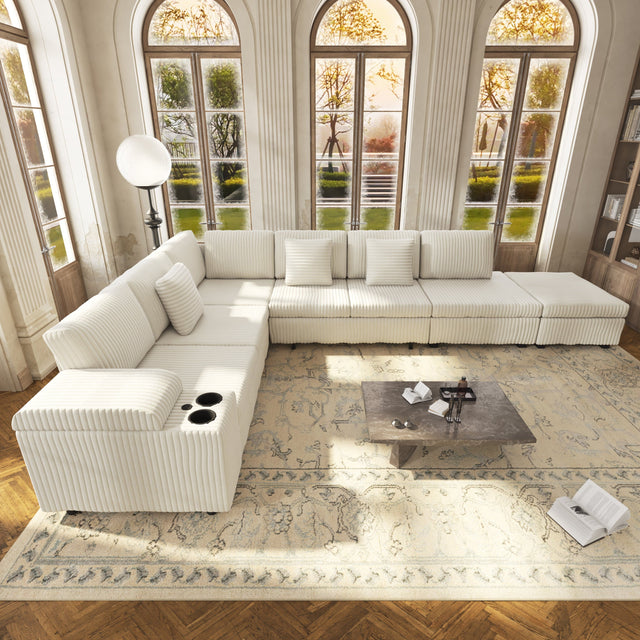Front. Anysun - 110.2" L-Shaped Convertible Corduroy Sectional Sofa Set with Removable Ottoman, Hidden Storage, USB Ports & Cup Holders - Beige.