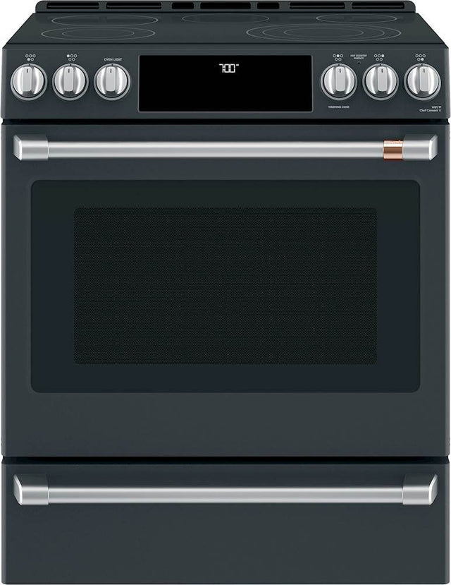 Front. Café - 5.7 Cu. Ft. Slide-In Electric Convection Range, Customizable - Matte Black.