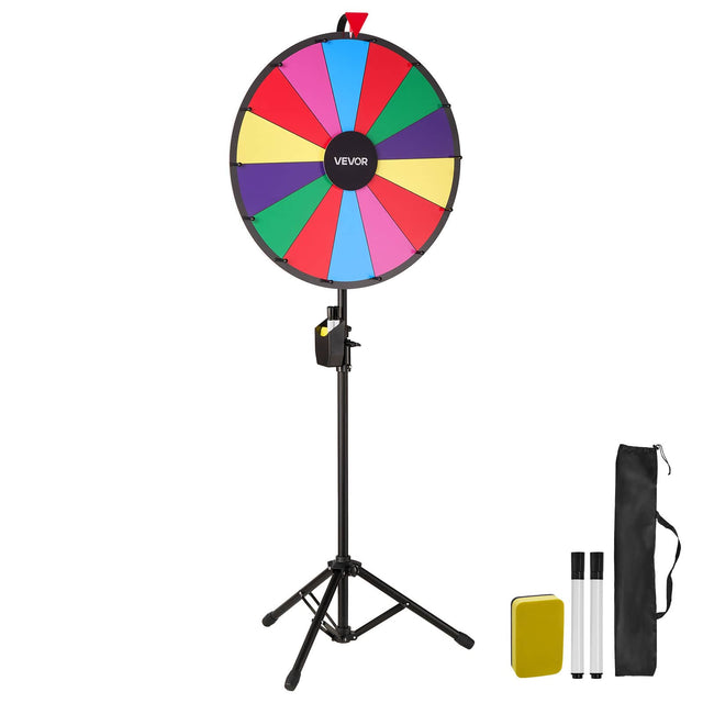 Front. VEVOR - 24 in Spinning Prize Wheel, 14 Slots Spinning Wheel with Tripod, Adjustable Height Win Fortune Roulette with a Dry Erase - Colorful.