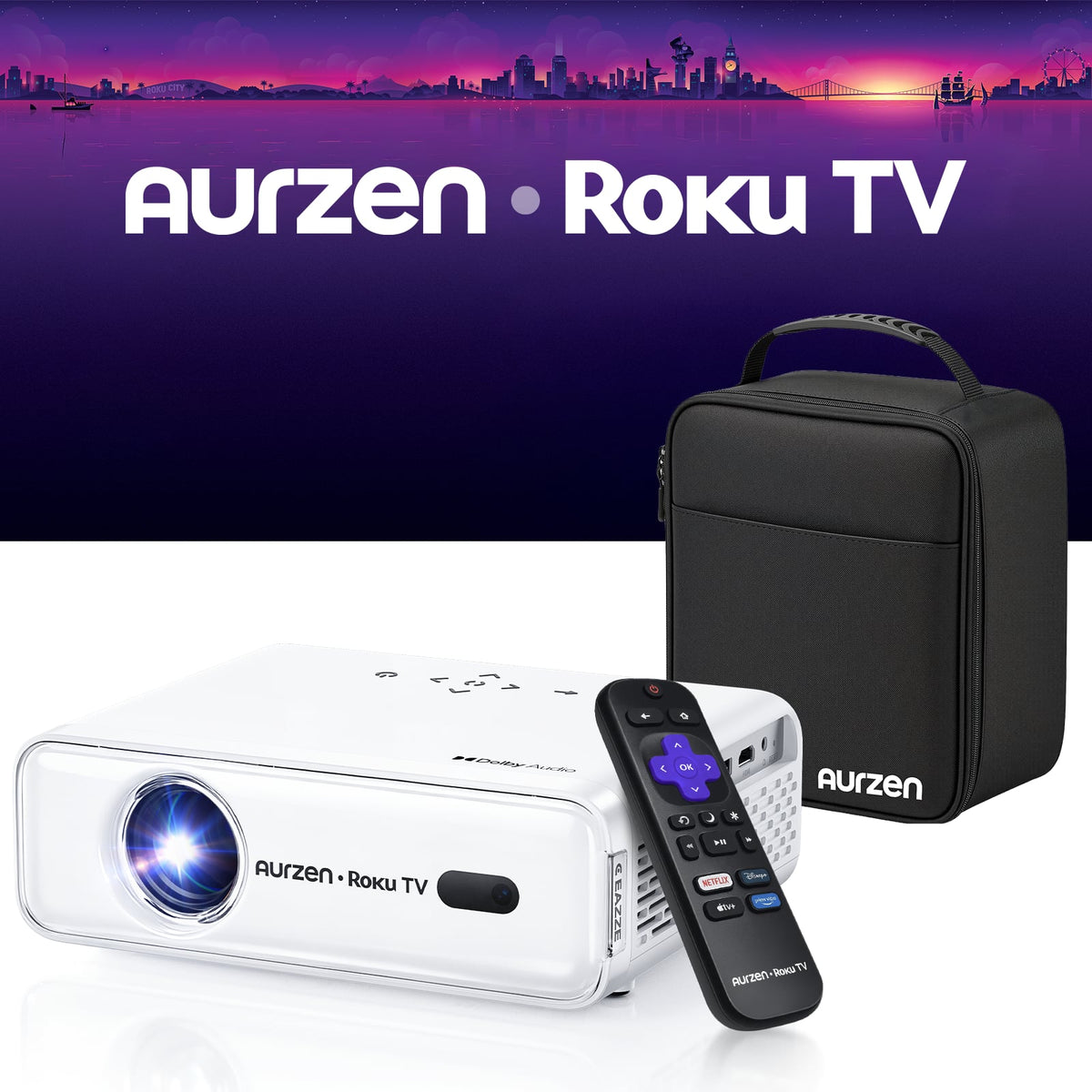 Aurzen - Roku TV Smart Projector with Carrying Case, Roku Streaming Built-in, 1080P FHD, Dolby Audio, Auto Focus & Keystone - White