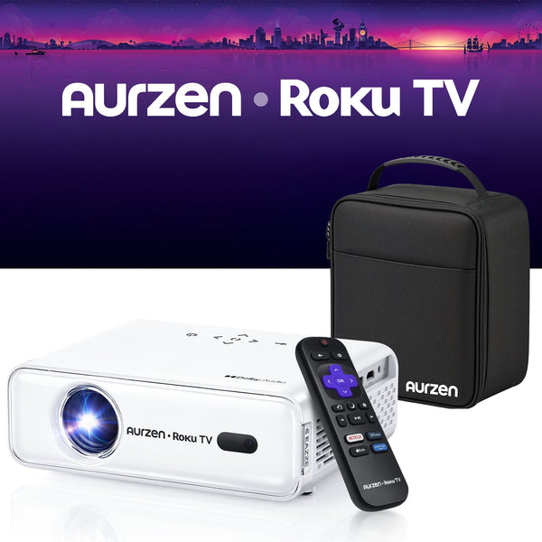 Aurzen - Roku TV Smart Projector with Carrying Case, Roku Streaming Built-in, 1080P FHD, Dolby Audio, Auto Focus & Keystone - White