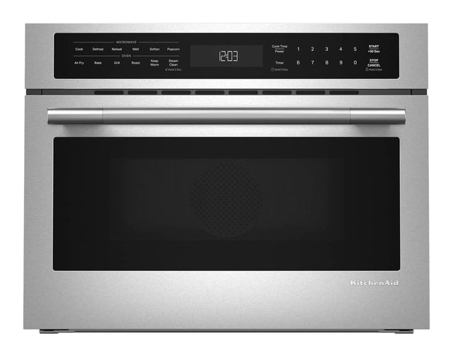 Cook  
Defrost  
Reheat  
Melt  
Air Fry  
Bake  
Grill  
Roast  
Soften  
Keep Warm  
Popcorn  
Steam  
Clean  

MICROWAVE  
OVEN  

12:03  

Cook Time  
Power  
Timer  

1  
2  
3  
4  
5  
6  
7  
8  
9  
0  

START  
+30 Sec  
STOP  
CANCEL  
Hold 3 Sec  

KitchenAid