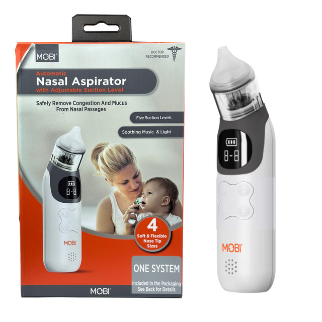 MOBI DOCTOR RECOMMENDED Automatic Nasal Aspirator with Adjustable Suction Level Safely Remove Congestion And Mucus From Nasal Passages Five Suction Levels Soothing Music & Light 8-8 ... 8-8 MOBI 4 Soft & Flexible Nose Tip Sizes MOBI ONE SYSTEM MOBI Included in the Packaging See Back for Details