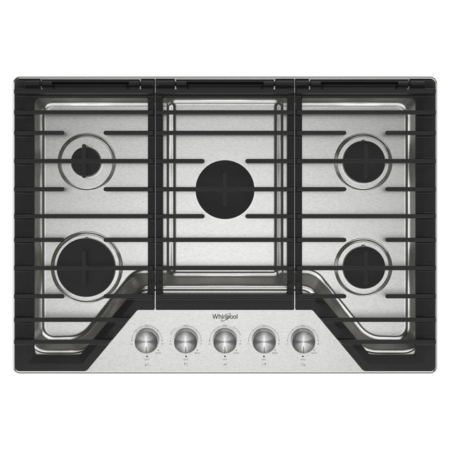 Front. Whirlpool - 30 in. Wide 5 burners Built-In Gas Cooktop with EZ-2-Lift Hinged Cast-Iron Grates - Stainless Steel.