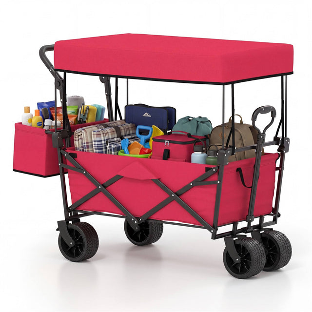Front. Costway - Costway Folding Utility Wagon with Detachable Canopy, Collapsible Garden Cart with Adjustable Push & Pull Handles - Red.
