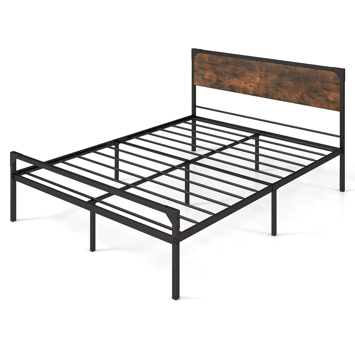 Costway - Platform Queen Bed with Rustic Headboard & Footboard Strong Metal Slat Support - Rustic Brown,Black