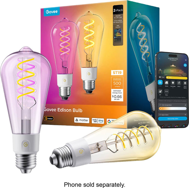 Govee 2000A OoOE MA G Govee Edison Bulb G Indocr works matter alexa with 2-Pack 2600Om 3 LE LigNE 2000K-4200K CR903700K Ae Cooi ST19 Hno 500 lumens Estimated Energy Cost $ $0.66 - veur wo ge Home 000g creste for dmmite ch Choose and + nillor colors -es Eden td - i + Cac Se Seare -ae -u sars Sa N Mis -ea - I So - - - a oe - - NU - - WILU - deae Caey temperature aur Caon Seve  M coor Phone sold separately.