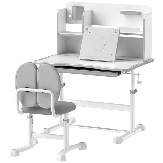 Front. Qaba - Adjustable Kids Desk and Chair Set for Writing Drawing w/ Tilt Desktop - Gray.