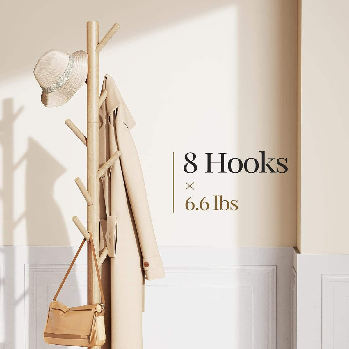 Pipishell - Solid Wood Freestanding Coat Rack, 8 Hooks, 3 Adjustable Heights, Easy Assembly - Natural color