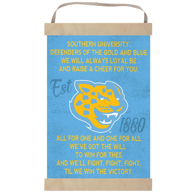 SOUTHERN UNIVERSITY,  
DEFENDERS OF THE GOLD AND BLUE  
WE WILL ALWAYS LOYAL BE  
AND RAISE A CHEER FOR YOU.  

Est 1880  

ALL FOR ONE AND ONE FOR ALL  
WE'VE GOT THE WILL TO WIN FOR THEE  
AND WE'LL FIGHT, FIGHT, FIGHT,  
TIL WE WIN THE VICTORY.