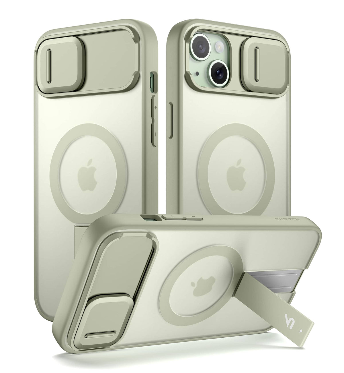 SURITCH - Rugged Case for iPhone 14 Plus/15 Plus, Compatible with MagSafe, Built-in Kickstand & Camera Cover & Translucent Back - Khaki Green