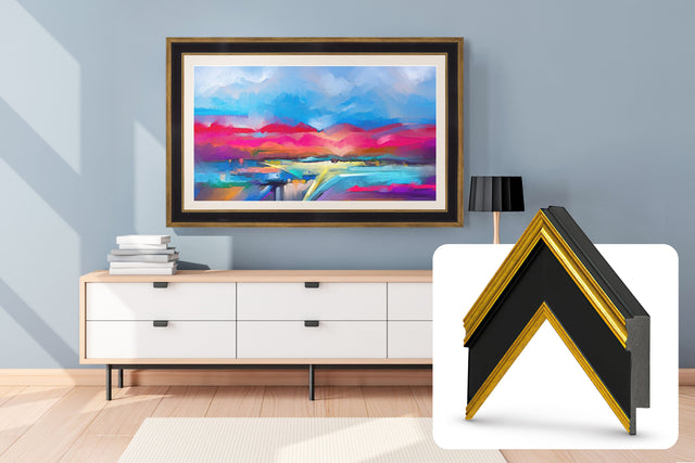 Front. Deco TV Frames - Premiere Bezel for Samsung the Frame TV - 65" - Antique Gold & Black.
