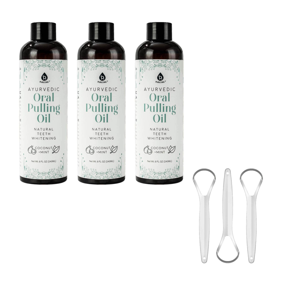 Pursonic - Ayurvedic Oral Pulling Oil Bundle – 3-Pack with Tongue Scrapers for Natural Teeth Whitening - Multicolor