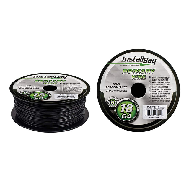 InstallBay  
PRIMARY WIRE  
HIGH PERFORMANCE  
ALTO RENDIMIENTO  
18 GA  
600 FEET  

InstallBay  
PRIMARY WIRE  
HIGH PERFORMANCE  
ALTO RENDIMIENTO  
18 GA  
500 FEET  

COLOR CODES:  
BLACK - PWBK18500  
WHITE - PWWT18500  
BLUE - PWBL18500  
GREEN - PWGN18500  
GRAY - PWGY18500  
ORANGE - PWOR18500  
PINK - PWPK18500  
PURPLE - PWPL18500  
RED - PWRD18500  
YELLOW - PWYL18500  
BROWN - PWERT18500  

MADE IN USA  
INSTALLATION HARDWARE