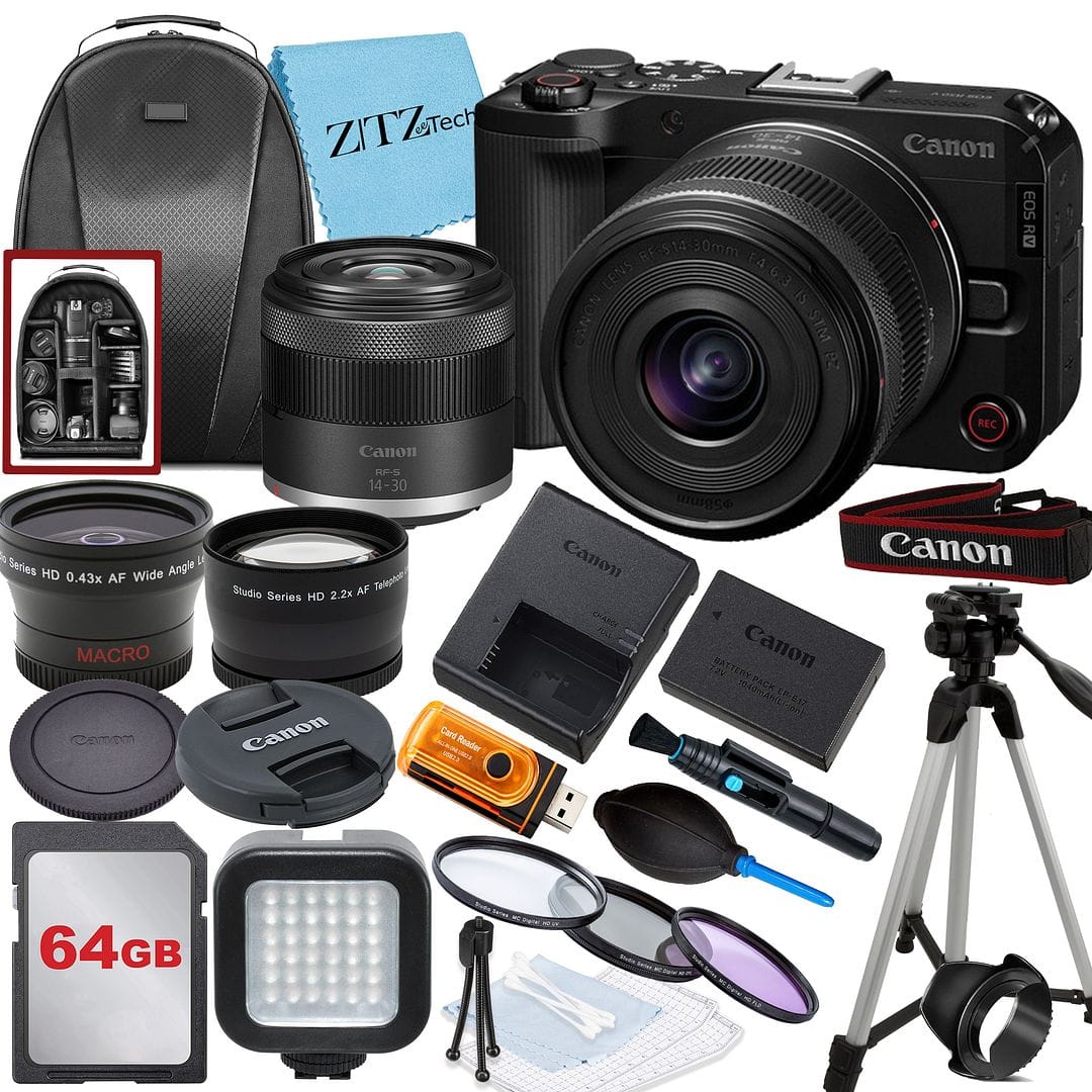 Bundle - Canon - EOS R50 V Mirrorless Camera with 14-30mm Lens + 64GB Card + Tripod + ZeeTech - Black