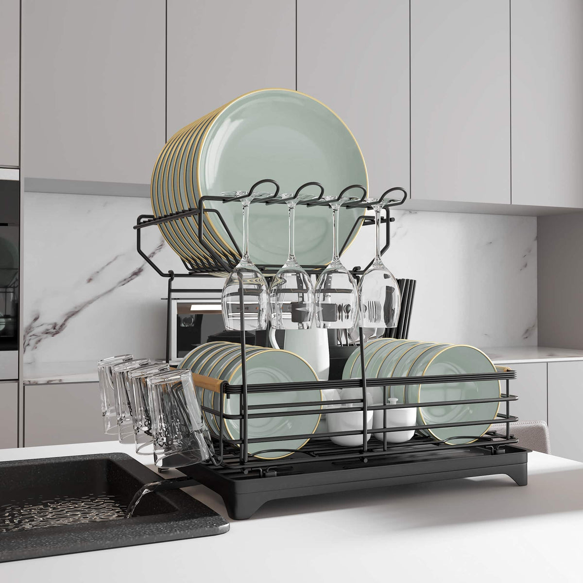 Malletson - 2-Tier Dish Rack Bamboo-Handled Large Capacity Dish Drainer Organizer with Utensil Holder - Black