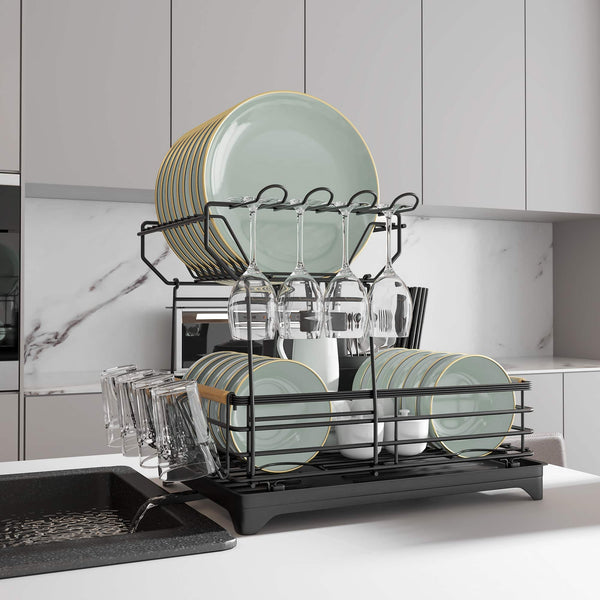 Malletson - 2-Tier Dish Rack Bamboo-Handled Large Capacity Dish Drainer Organizer with Utensil Holder - Black