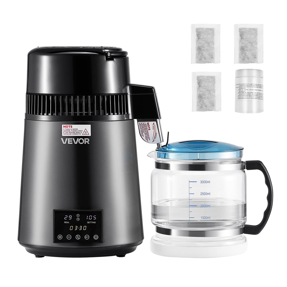 VEVOR - Water Distiller, 4L 1.1 Gallon Pure Water Purifier Filter For Home Table Countertop, 750W Distilled Maker with Glass Pot - Dark Gray