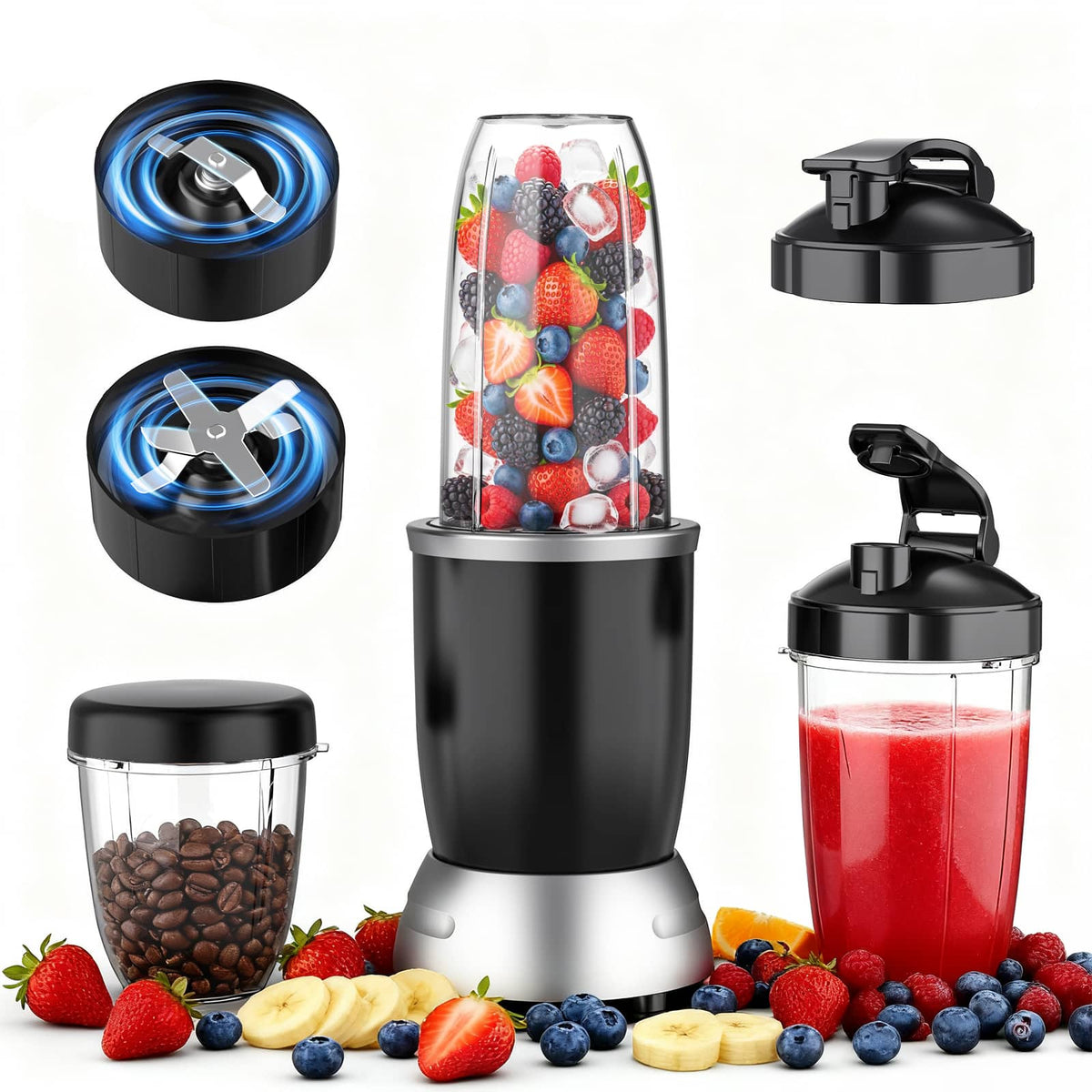Teendow - 1200W Personal Blender with 25,000 RPM, Smoothie Blender Maker & Grinder with 3 Cups for Shakes, Juices - Black