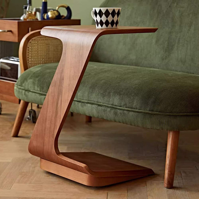 Front. POVISON - 15" Modern C-Shaped Side Table with Wheels, Mid-Century Modern, Walnut Color End Table for Living Room - Walnut Color.