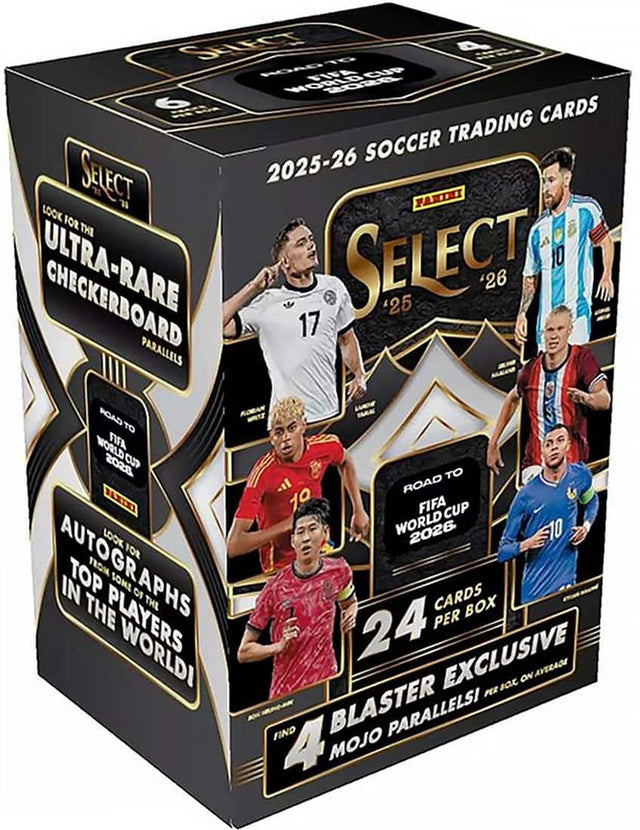 SELECT 2025-26 SOCCER TRADING CARDS  
FANHUB  
ROAD TO FIFA WORLD CUP 2028  
ROAD TO FIFA WORLD CUP 2026  
LOOK FOR THE ULTRA-RARE CHECKERBOARD PARALLELS  
LOOK FOR AUTOGRAPHS FROM TOP PLAYERS IN THE WORLD!  
24 CARDS PER BOX  
FIND 4 BLASTER EXCLUSIVE MOJO PARALLELS!  
SELECT 2025-26  
FANHUB