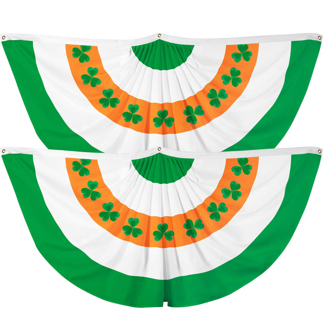 Front. G128 - 2-Pack Ireland Shamrock Pleated Fan Flags, 3 x 6 ft, Printed 150D Polyester. - green and orange.
