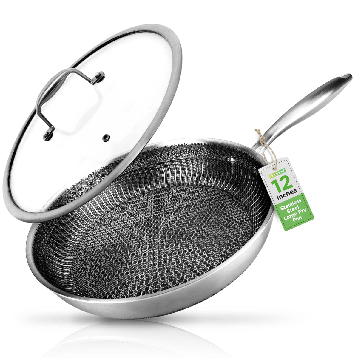NutriChef - 12" Frying Pan with Lid, Triply Hybrid Large Skillet, Scratch-Resistant (NC3PL12) - Stainless Steel