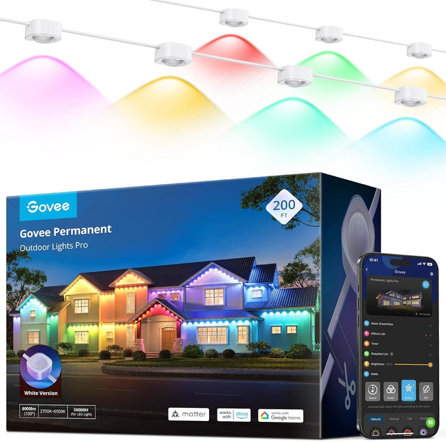 Govee Permanent Outdoor Lights Pro 200 FT

- White Version
- 6000lm (100")
- 50000H
- 2700K-6500K

Works with Alexa and Google Home

- Music DreamWave
- Effects List
- Twinkle
- SnapShot (10)
- Brightness 100%
- Mode: Music, Color, Scene, DIY

- Matter
- Works with Google Home

- Natural
- Festival
- Life
