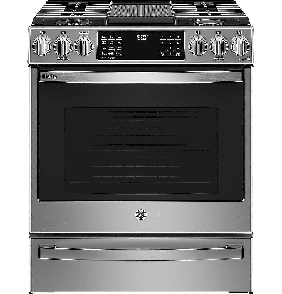 GE Profile - 30 in. Wide 5 Burners 5.6 Cu. Ft. Slide-In Gas True Convection Range with Built-In Wi-Fi and Hot Air Frying - Stainless Steel