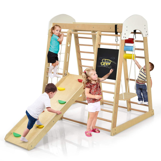 Front. Costway - Costway Indoor Playground Climbing Gym Kids Wooden 8 in 1 Climber Playset  for Children - Natural.