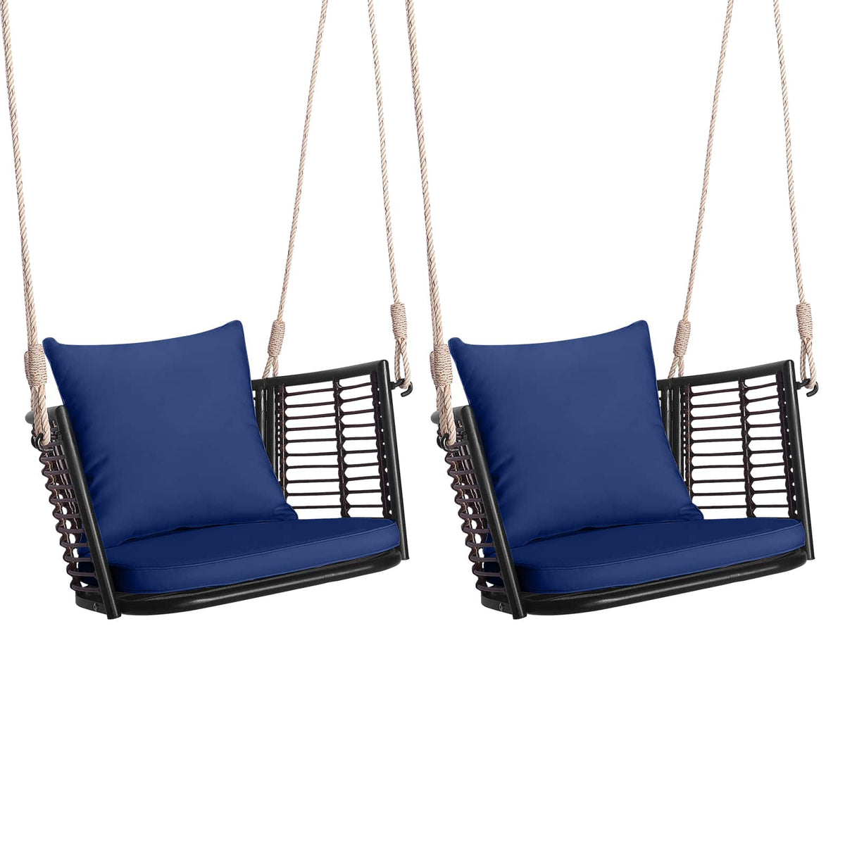 Costway - 2 PCS Patio Hanging Rattan Basket Chair Swing Hammock Chair with Seat Cushion - Mix Brown,Navy